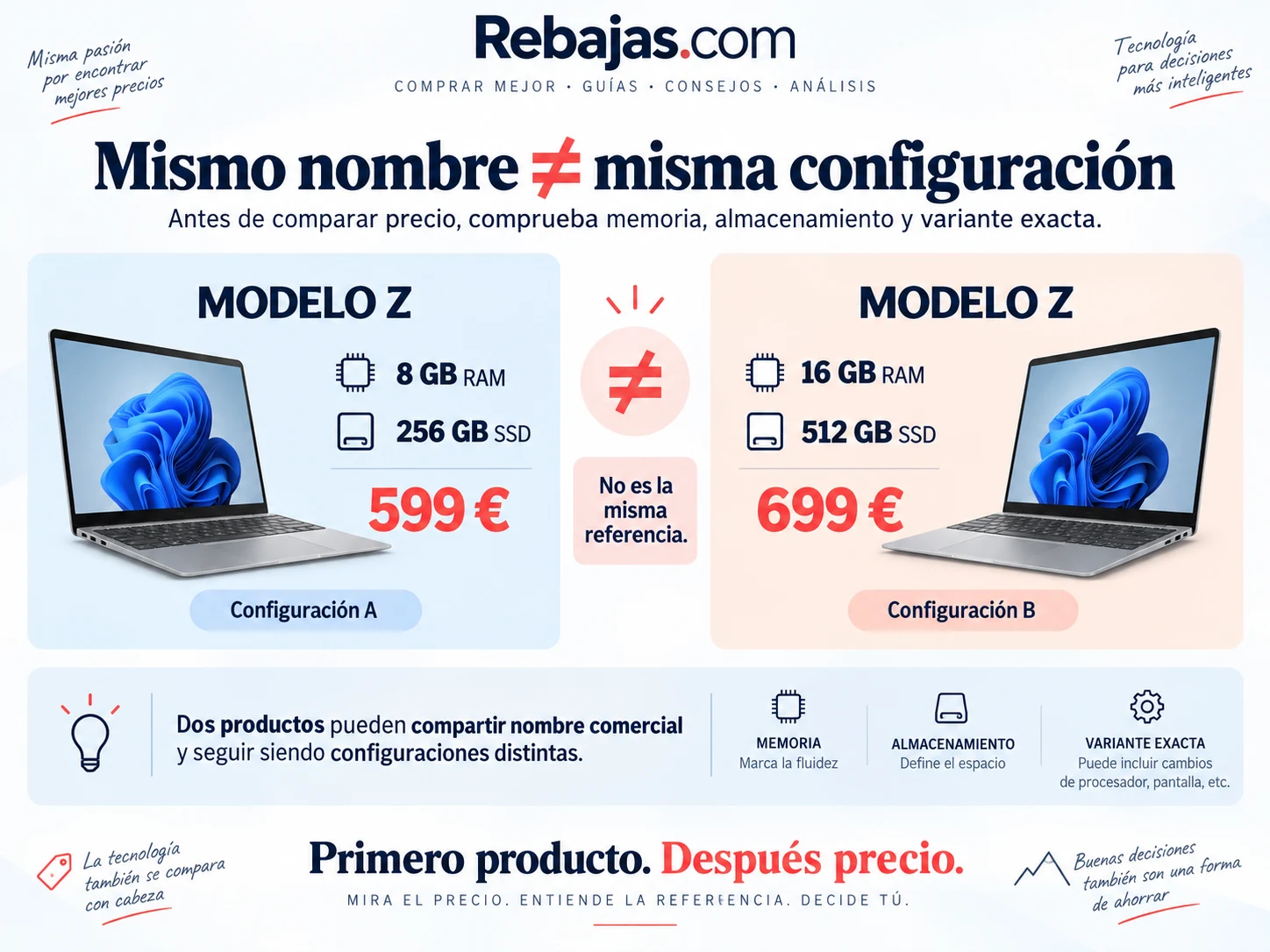 Dos configuraciones diferentes del mismo modelo de portátil con distinta memoria y almacenamiento.