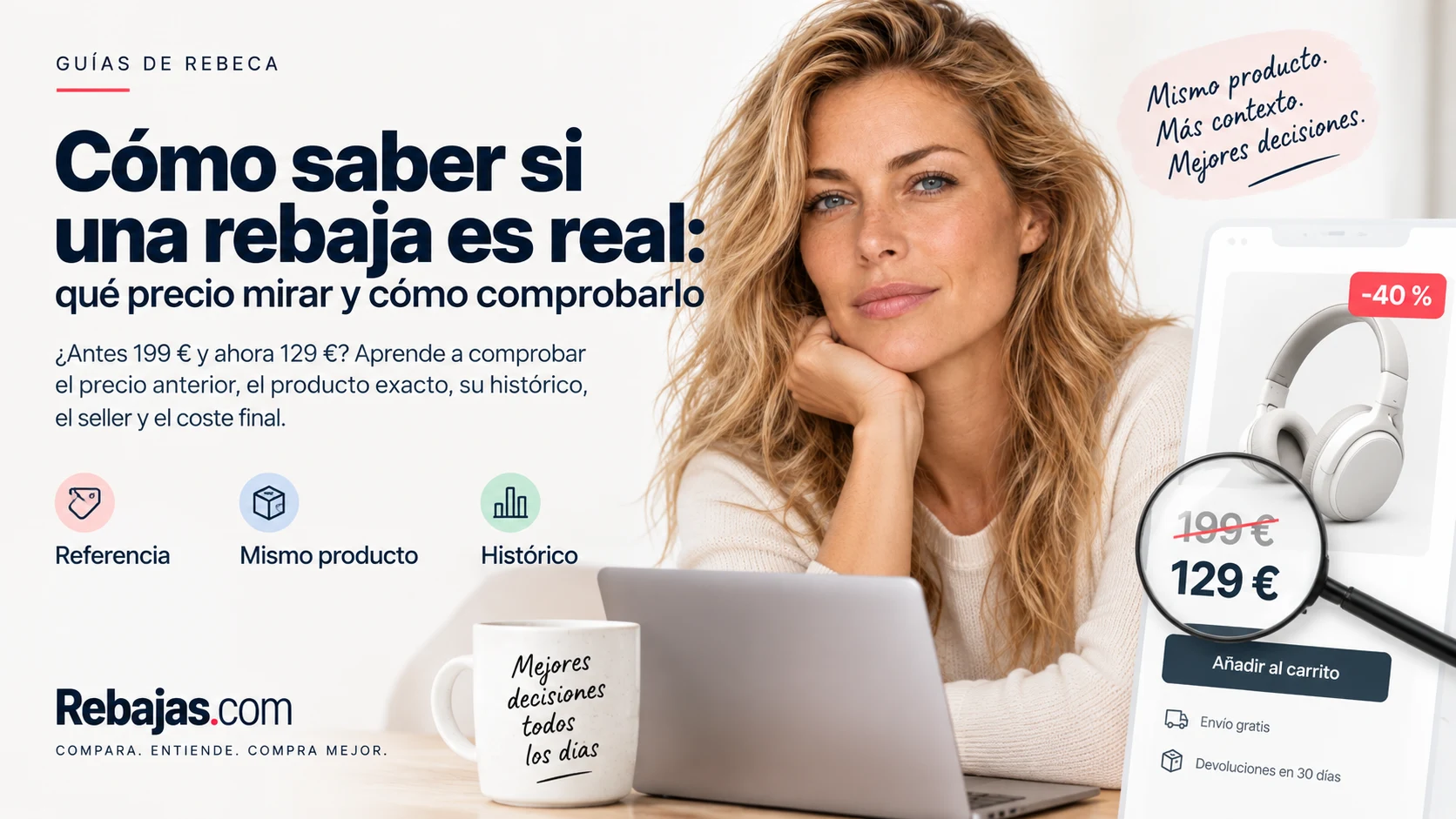 Un descuento del 40 % acompañado de preguntas sobre referencia, producto y coste final.